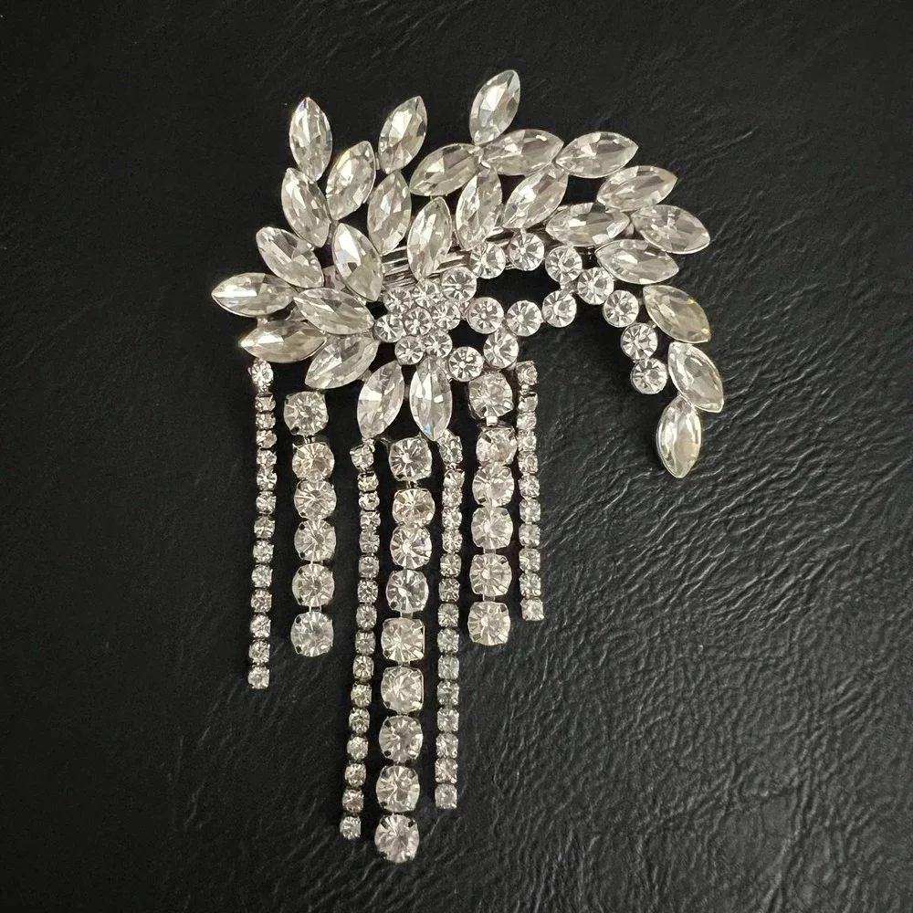 Vtg Rhinestone Barrette Hair Clip Waterfall Tassel Fringe Silver Tone Sparkle